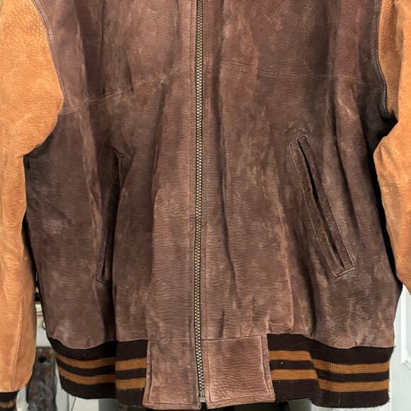 Basic Editions Varsity Jacket Vintage XL 90s Bomber Leather Suede Brown Zip up - Picture 3 of 12